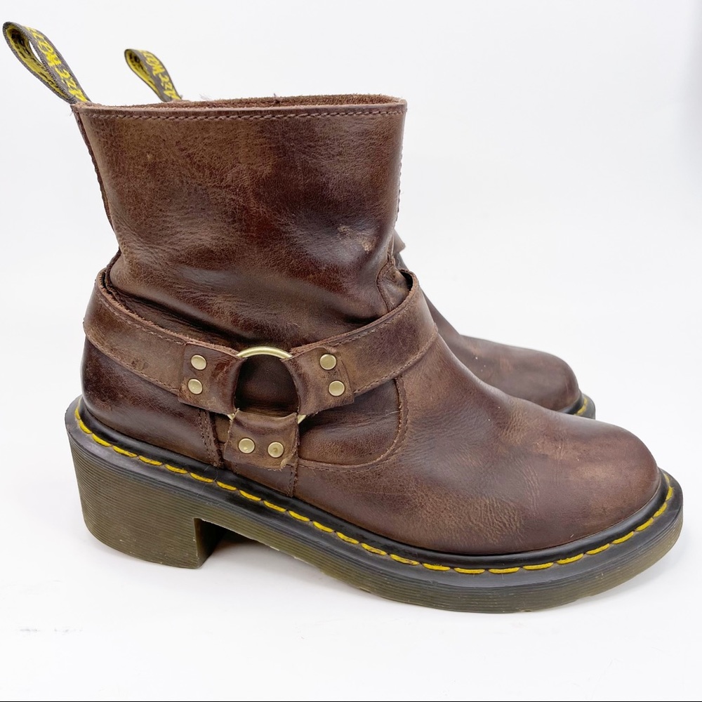 Dr. Doc Martens Alodie Harness Dark Brown Burnished Wyoming Buckle Boots